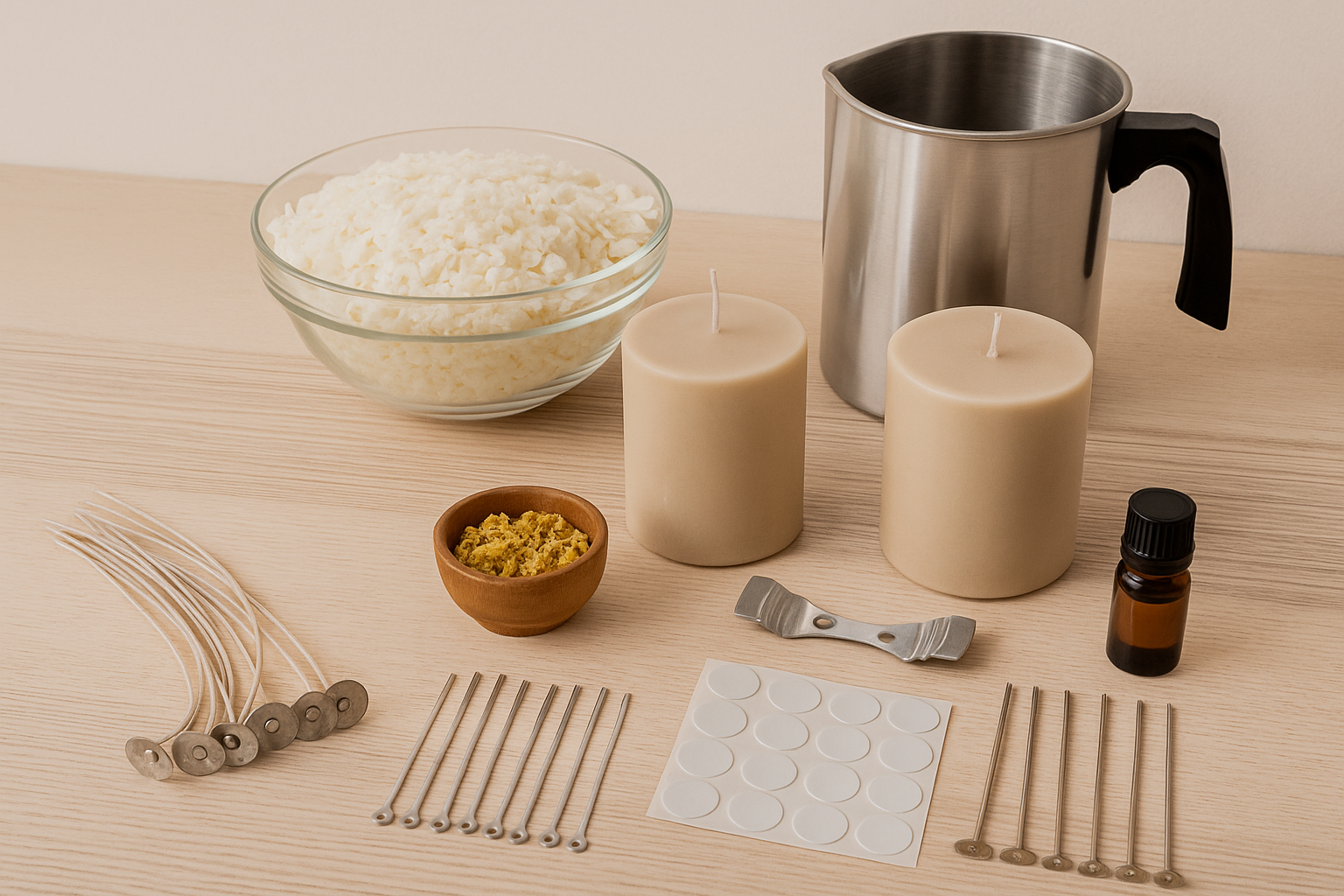 Candle Making Supplies including wax, wicks, fragrance oil, and finished candles